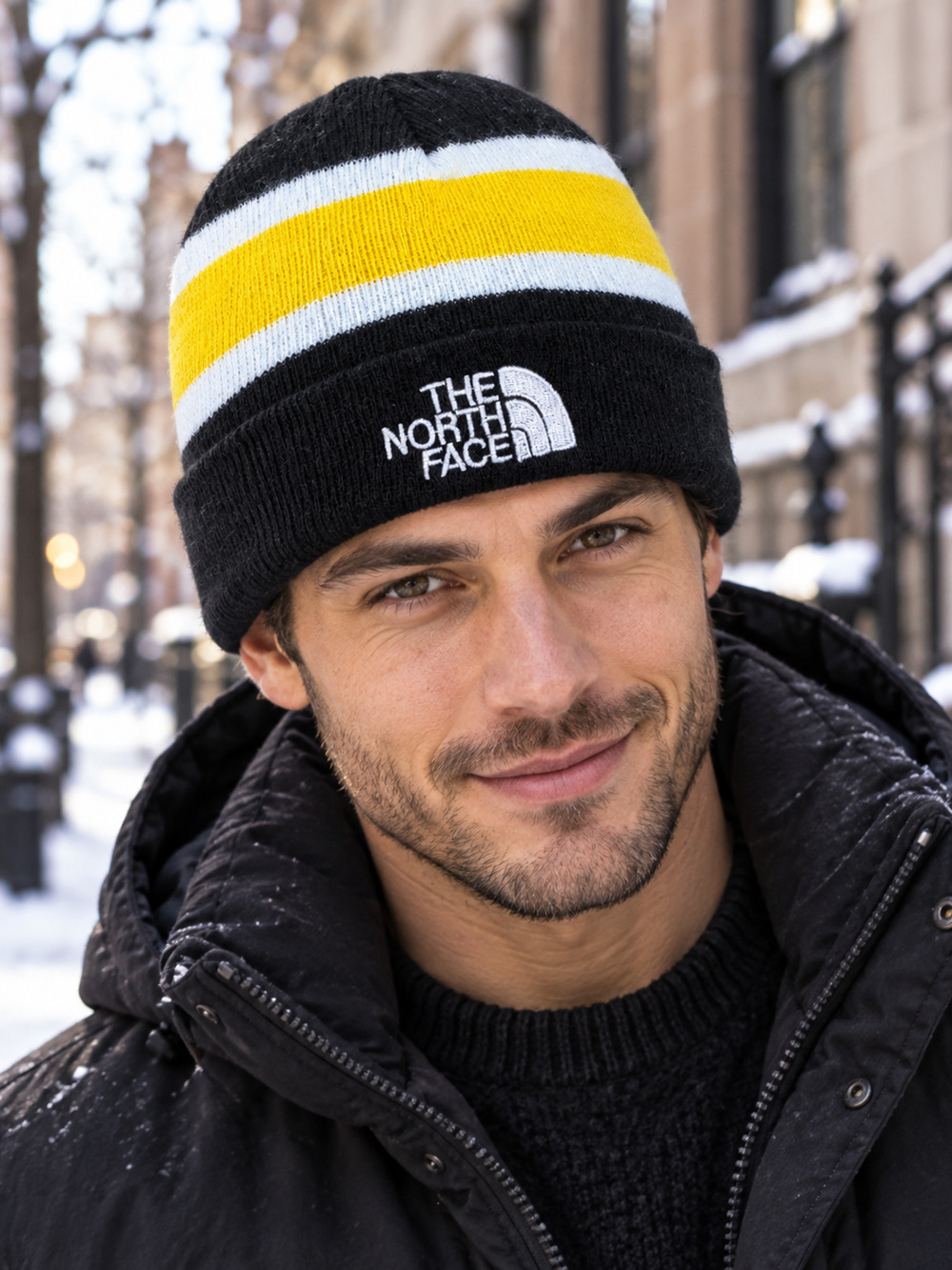 The North Face Black Yellow White Striped Cuffed Knit Beanie Hat